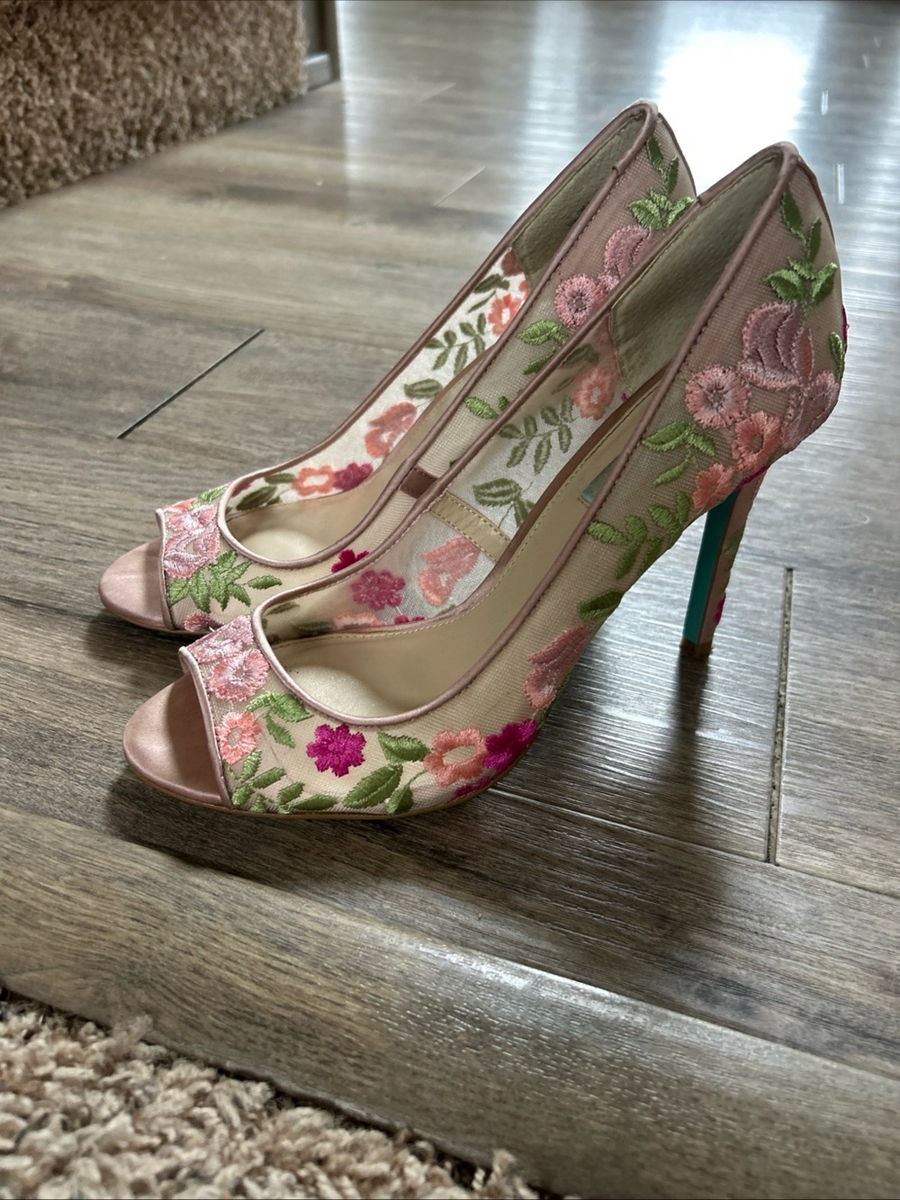 Betsey Johnson Pink Floral Embroidered Peep-Toe Heels with Green Accents